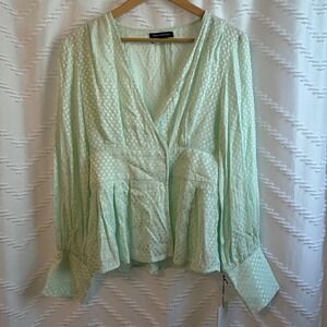 NWT Something Navy Green Aqua Polka Dot Jacquard Peplum Blouse Top Medium